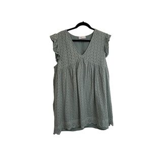 June & Jo Green Blue V Neck Eyelet Crochet Short Sleeve Dress Womens Size L/XL